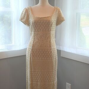 Vintage 90s Bari Jay Cream Maxi Dress With Lace Overlay And Gold Sequins